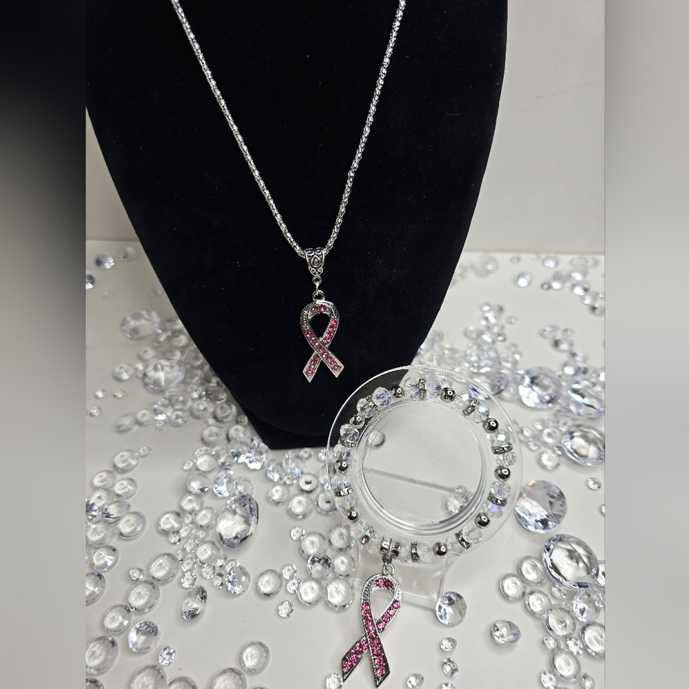 Elegant Silver and Pink Ribbon Necklace SET